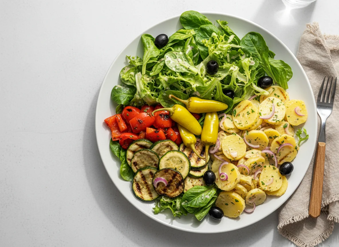 Gemischter Salat mit Kartoffelsalat und gegrilltem Gemüse photo