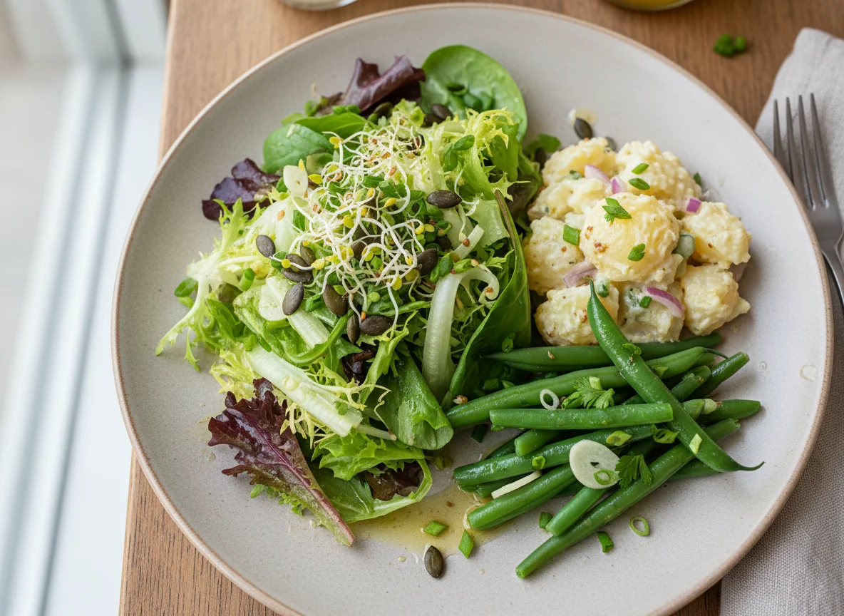 Gemischter Salat mit Kartoffelsalat und grünen Bohnen photo