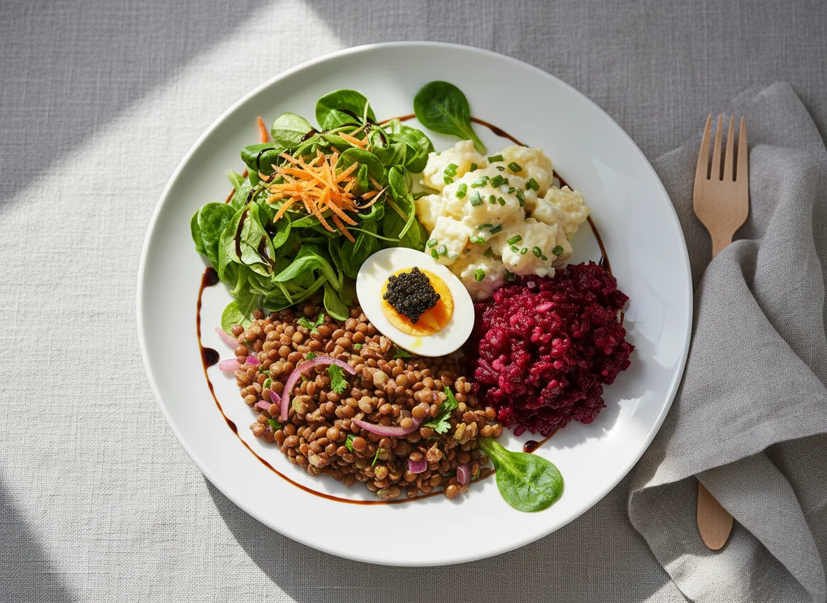 Gemischter Salat mit Kartoffelsalat und Linsen photo