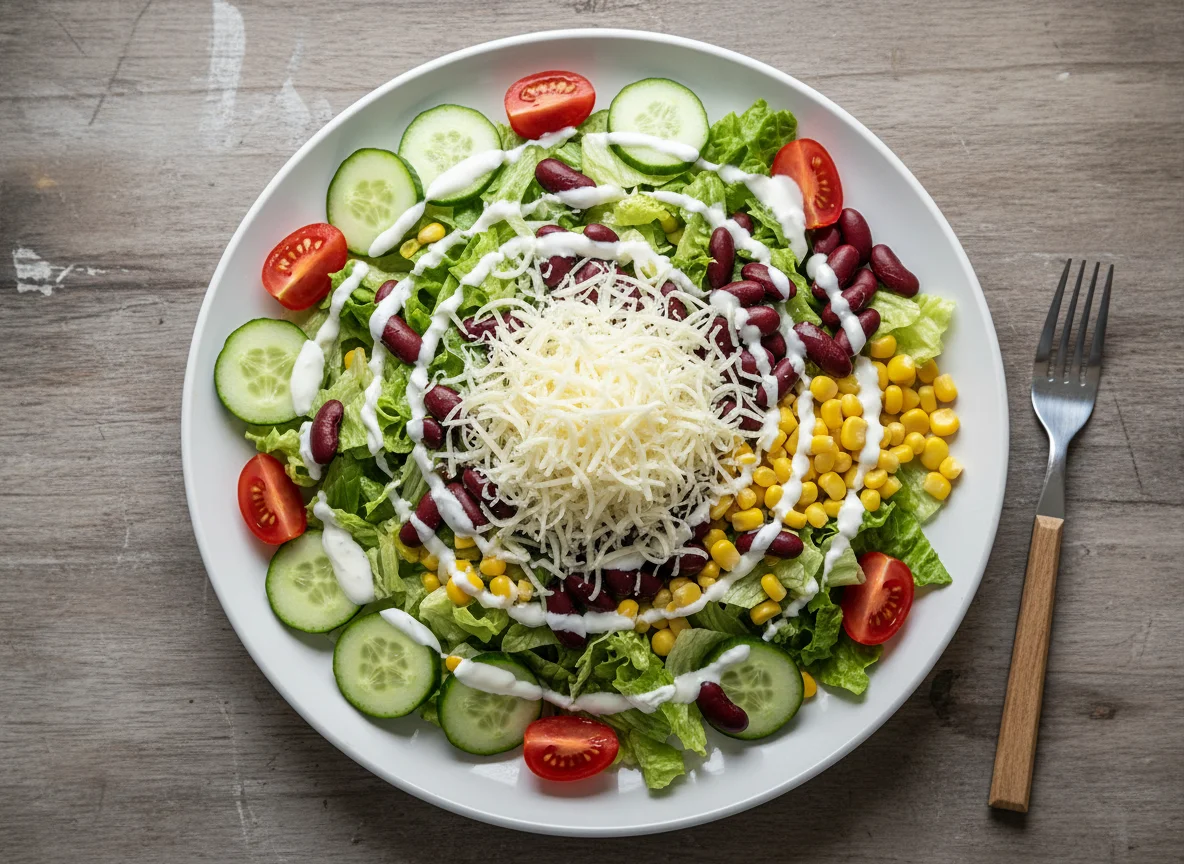 Gemischter Salat mit Käse und Dressing photo