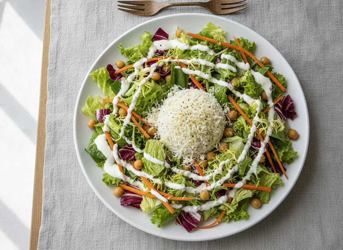 Gemischter Salat mit Käse und Joghurt-Dressing photo