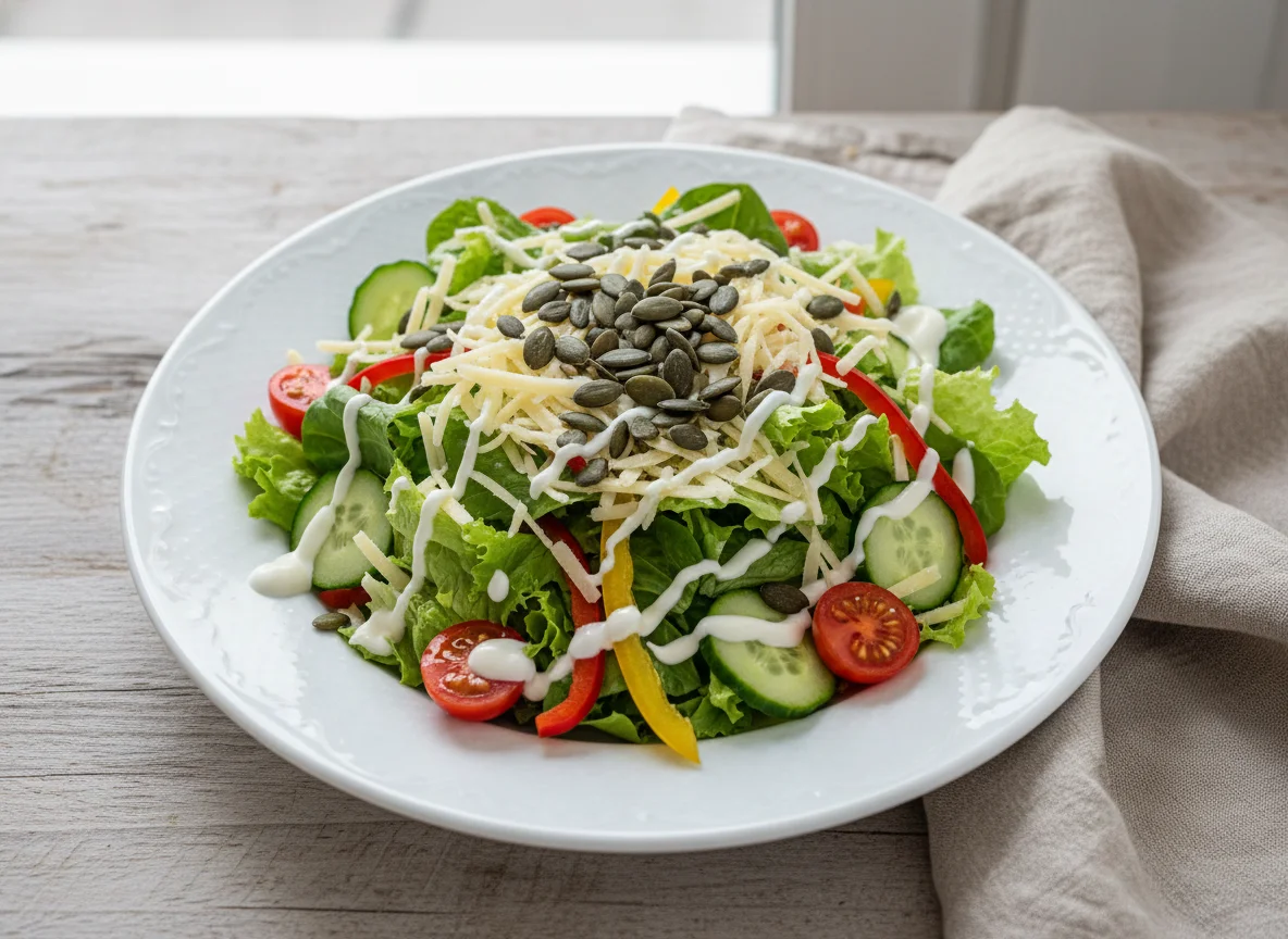 Gemischter Salat mit Käse und Kernen photo