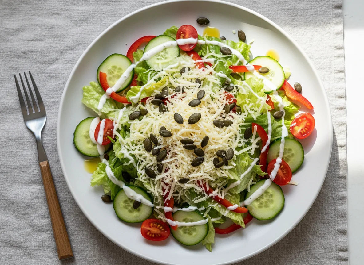 Gemischter Salat mit Käse und Kürbiskernen photo