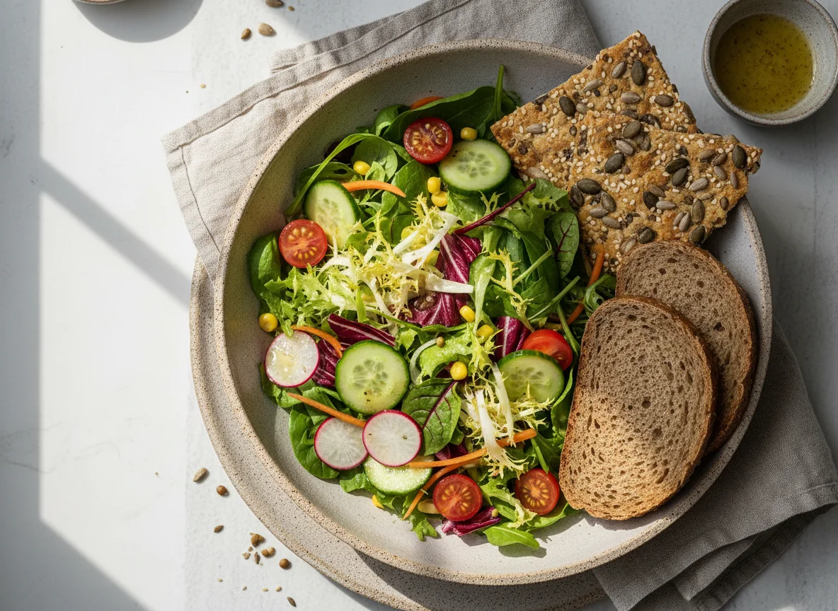 Gemischter Salat mit Kernen-Cracker und Brot photo