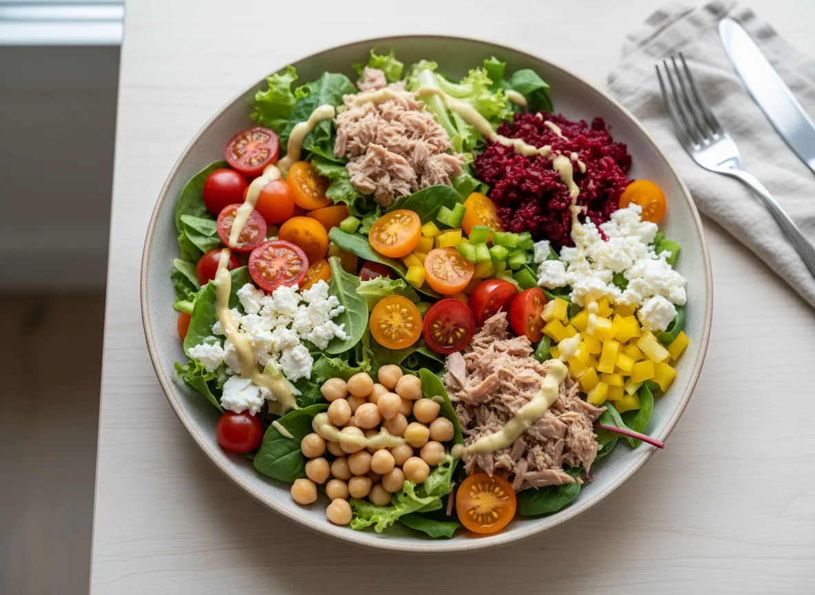 Gemischter Salat mit Kichererbsen, Thunfisch und Feta photo