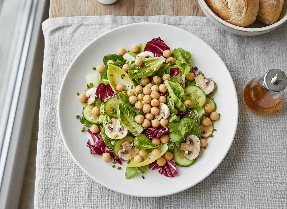 Gemischter Salat mit Kichererbsen und Champignons photo