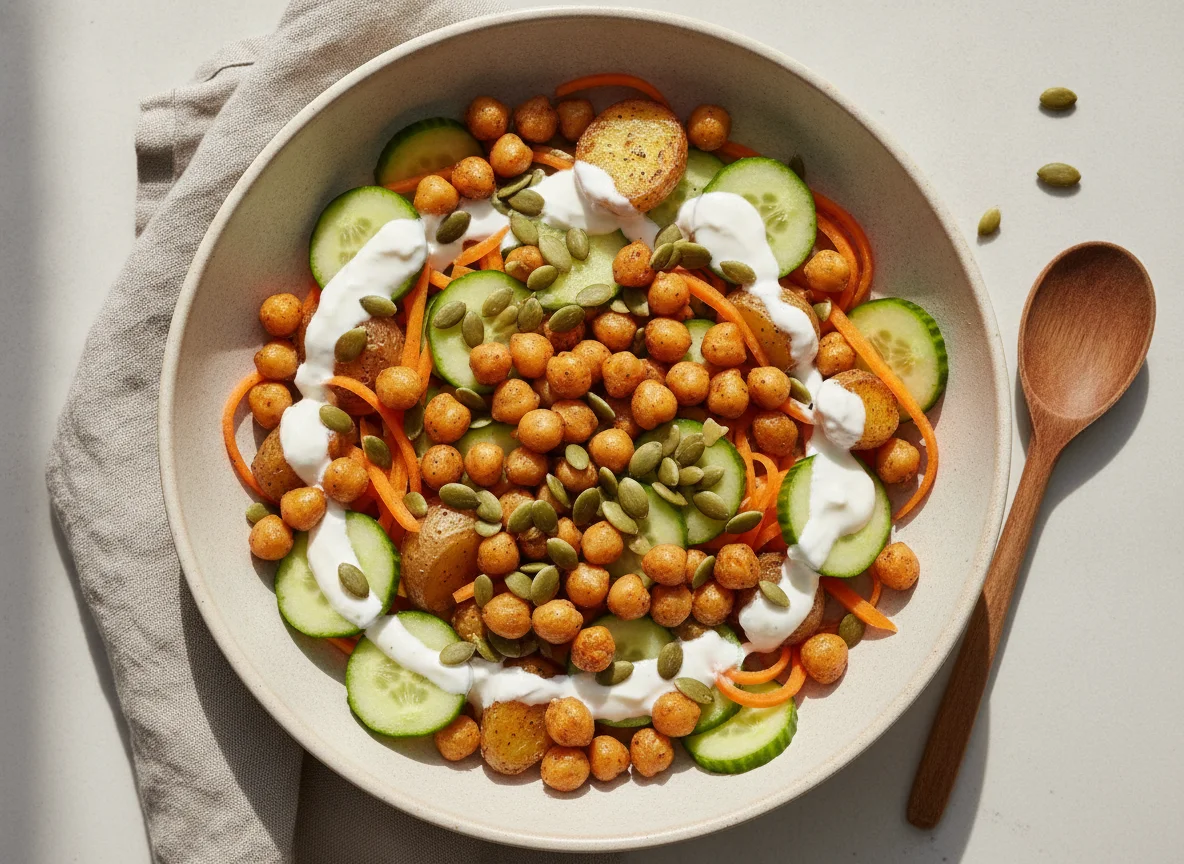 Gemischter Salat mit Kichererbsen und Joghurt-Dressing photo