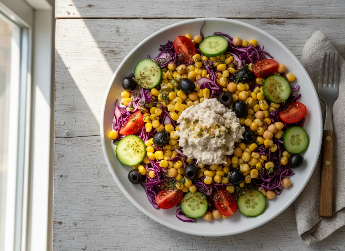 Gemischter Salat mit Kichererbsen und Thunfisch photo