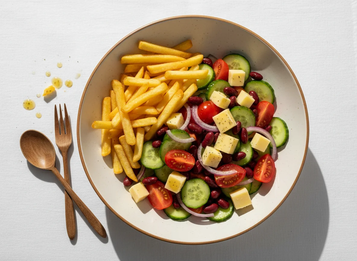 Gemischter Salat mit Kidneybohnen, Käse und Pommes Frites photo