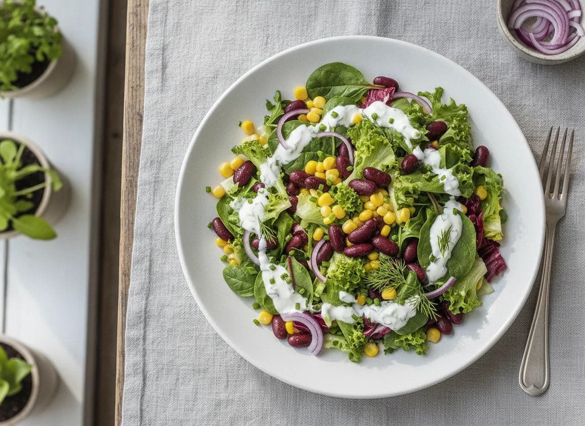 Gemischter Salat mit Kidneybohnen und Joghurt-Dressing photo