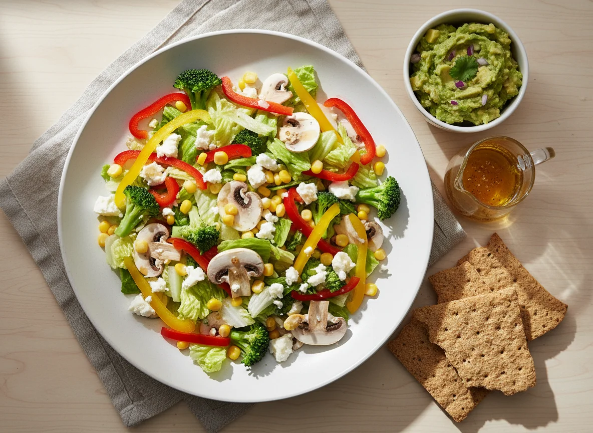Gemischter Salat mit Knäckebrot und Guacamole photo