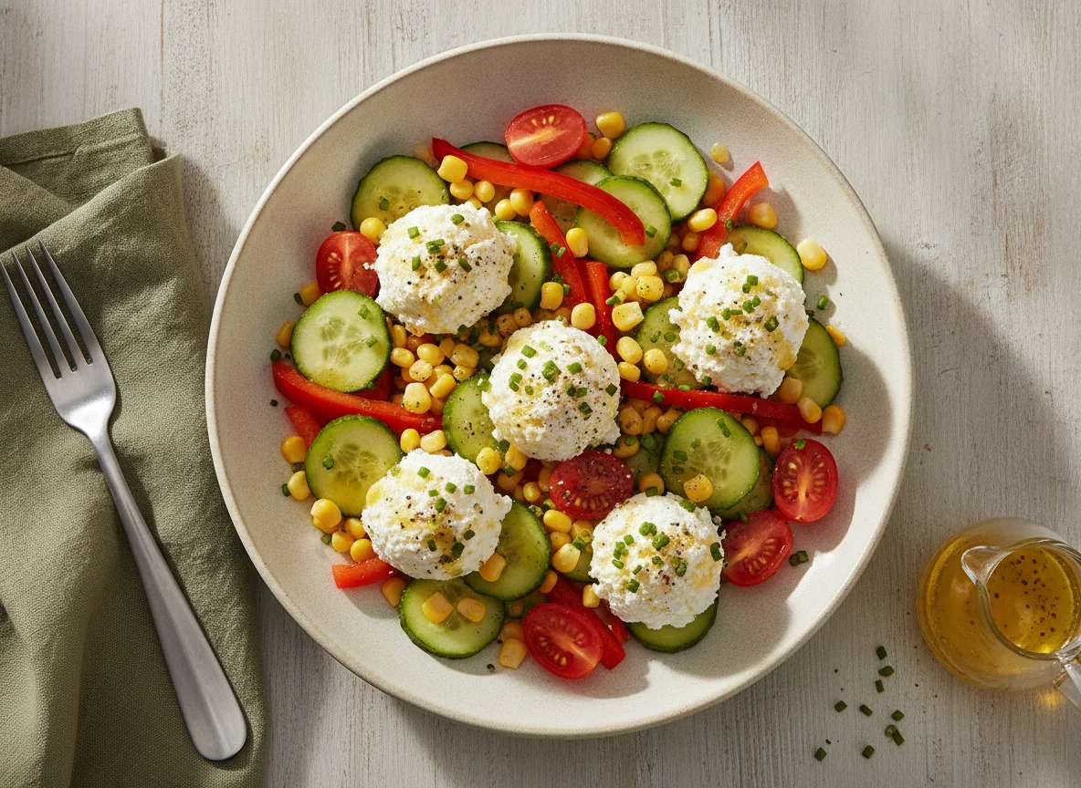 Gemischter Salat mit körnigem Frischkäse photo