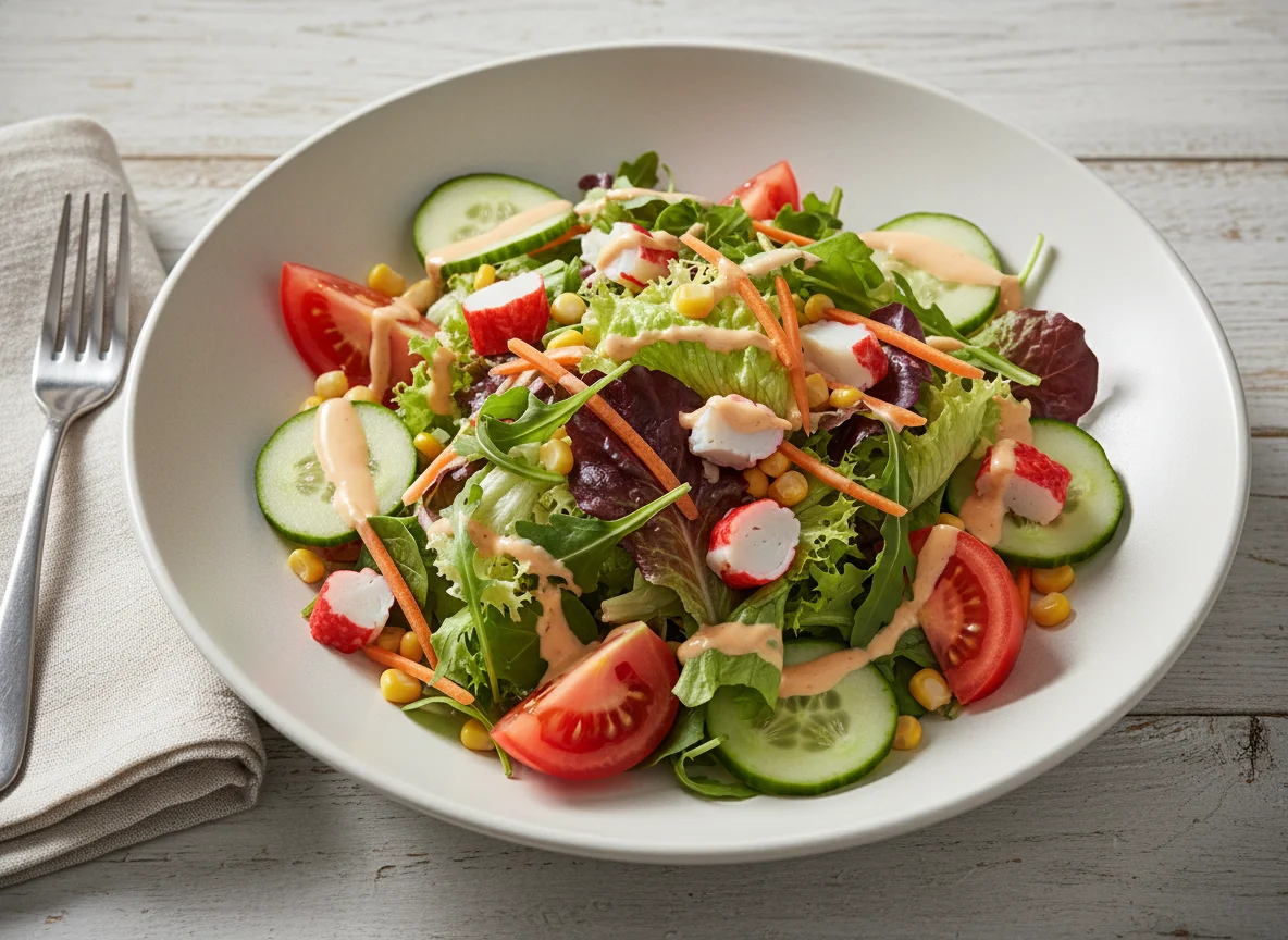 Gemischter Salat mit Krabben und Dressing photo