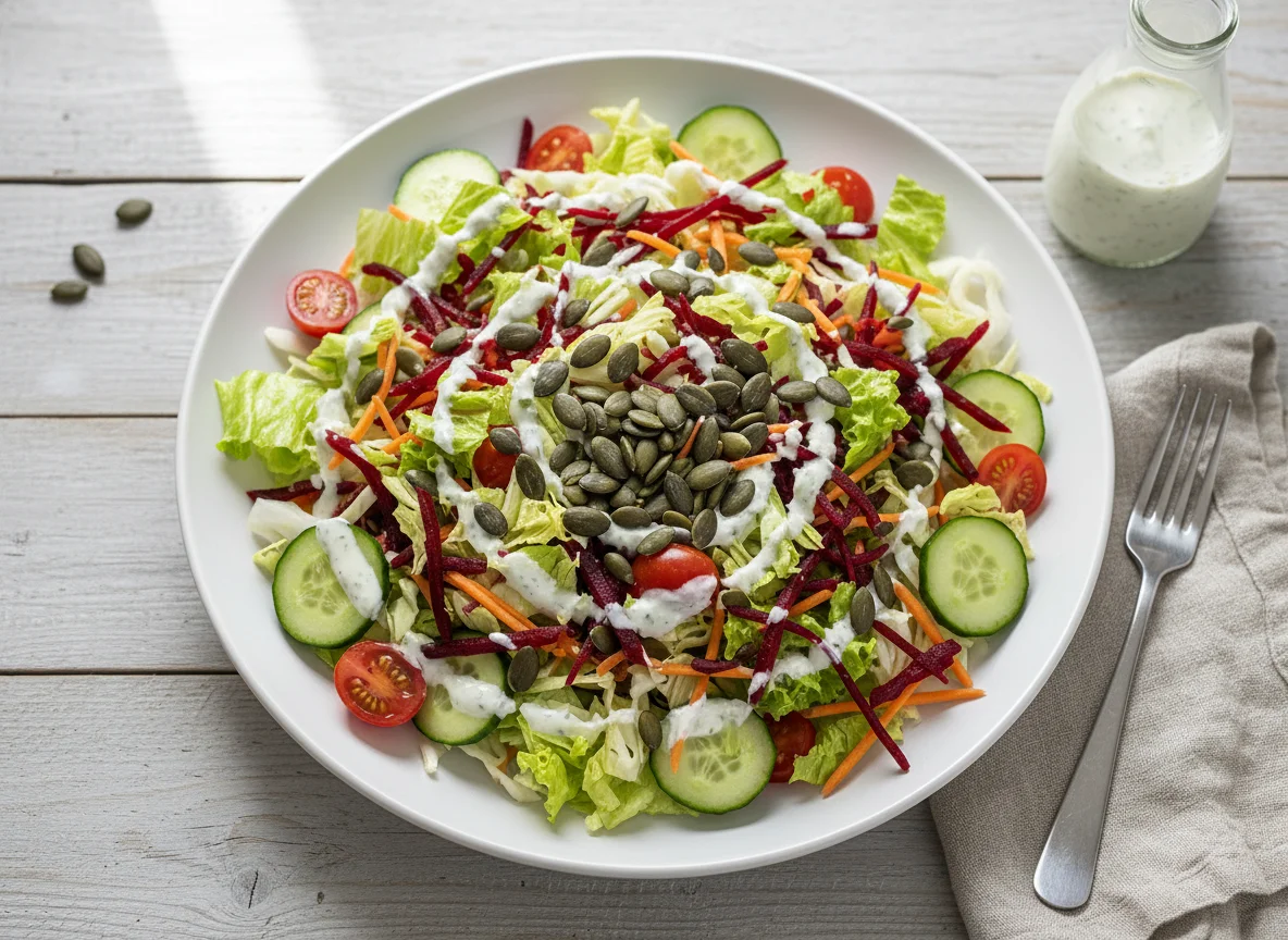 Gemischter Salat mit Kürbiskernen und Dressing photo