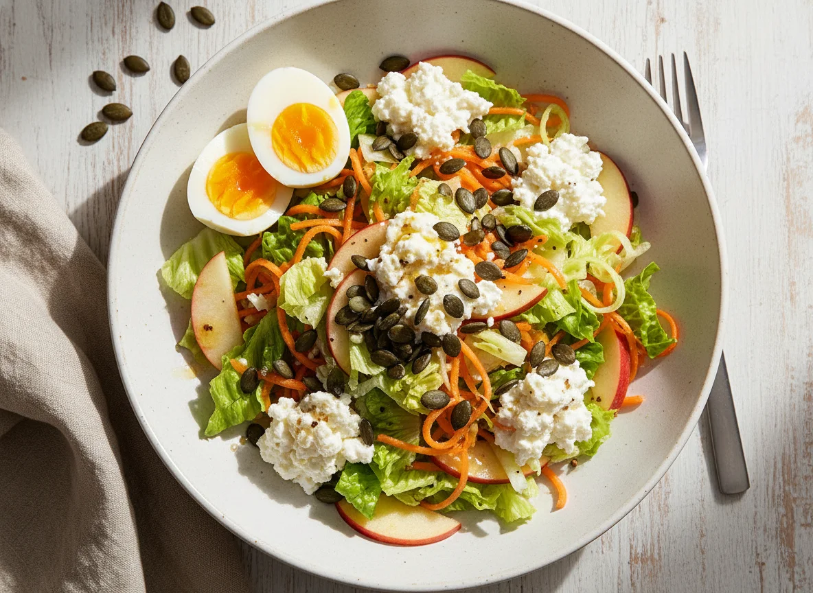 Gemischter Salat mit Kürbiskernen und Hüttenkäse photo