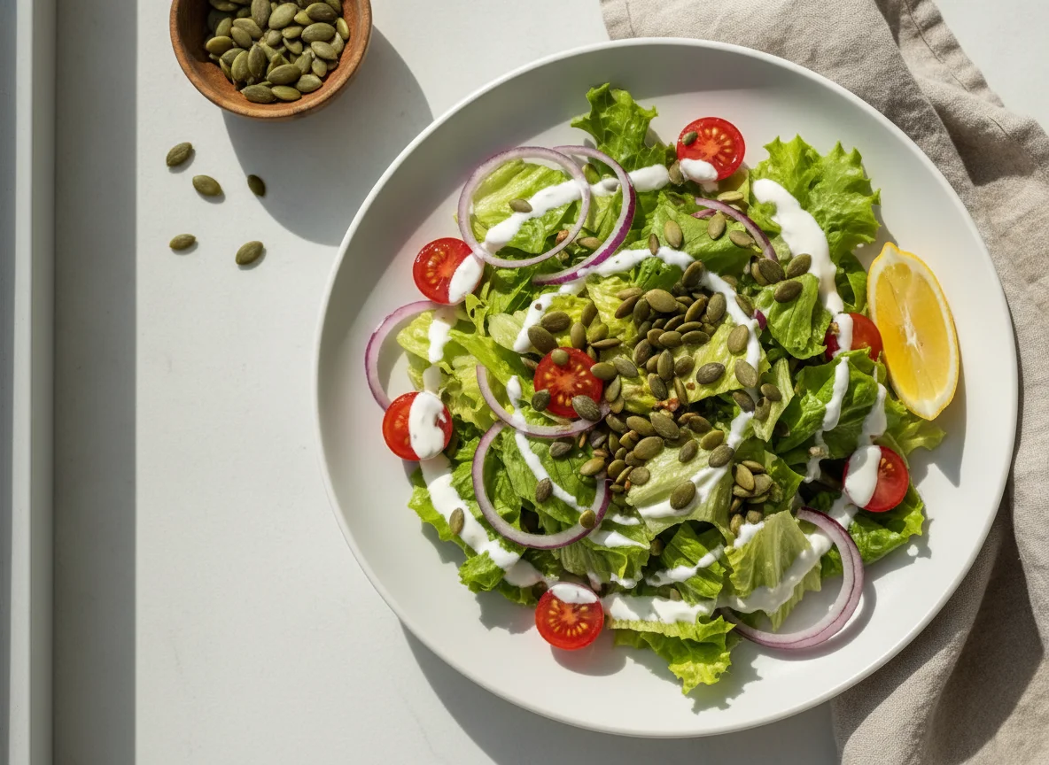 Gemischter Salat mit Kürbiskernen und Joghurt-Dressing photo