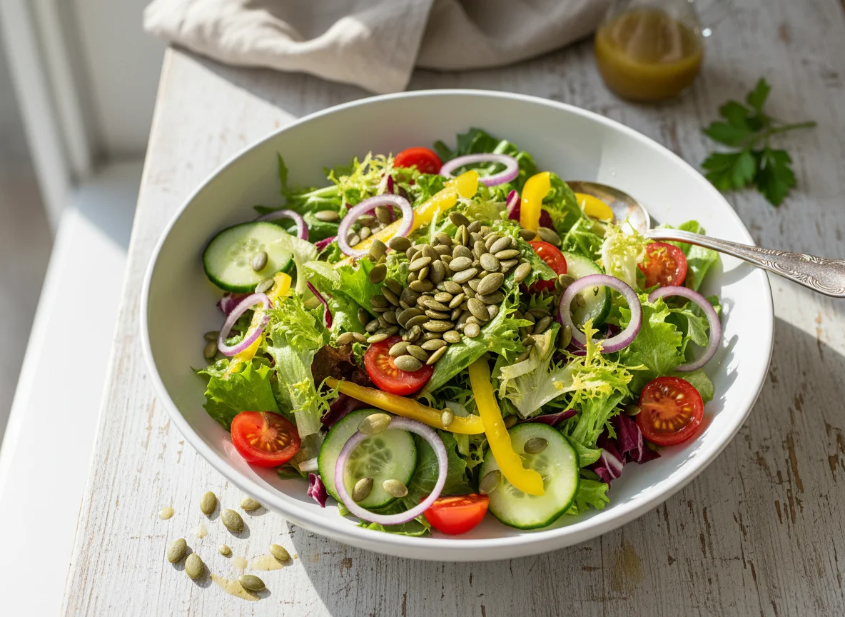 Gemischter Salat mit Kürbiskernen und Zwiebeln photo