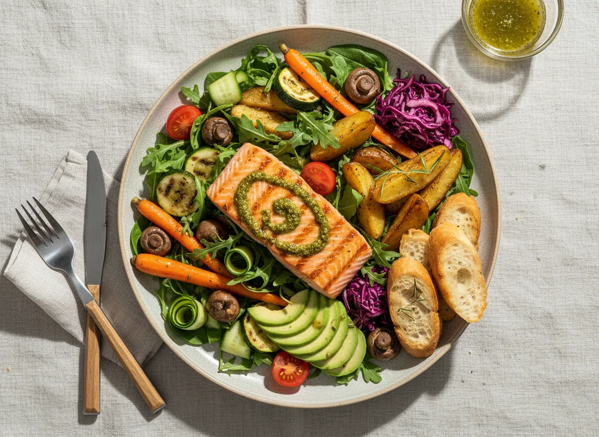 Gemischter Salat mit Lachs und Ofenkartoffeln photo