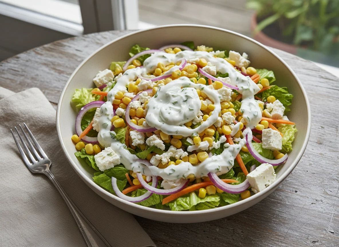 Gemischter Salat mit Mais und Dressing photo