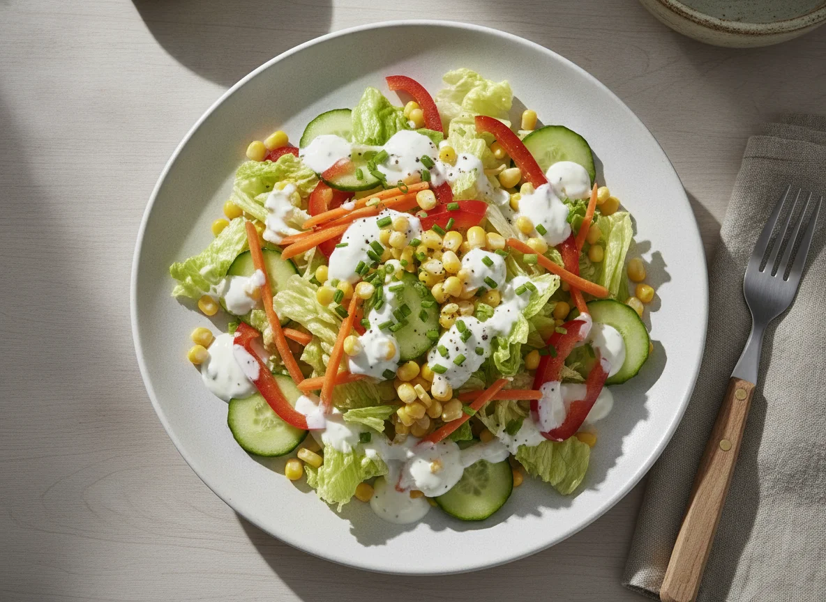 Gemischter Salat mit Mais und Joghurt-Dressing photo