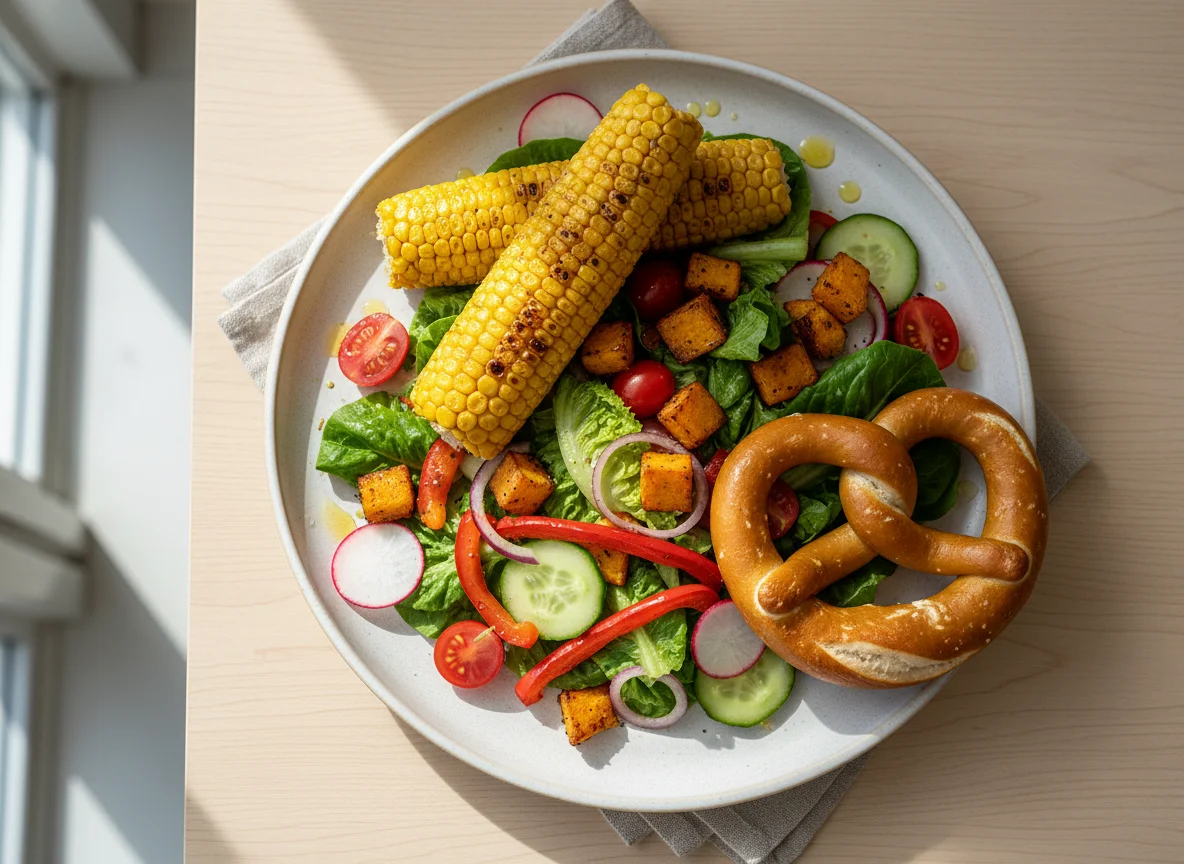 Gemischter Salat mit Maiskolben, Brezel und gebratenem Gemüse photo