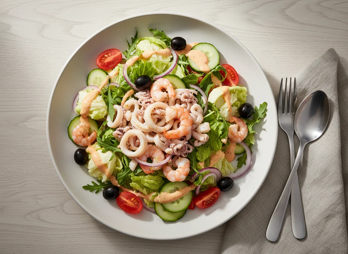 Gemischter Salat mit Meeresfrüchten und Dressing photo