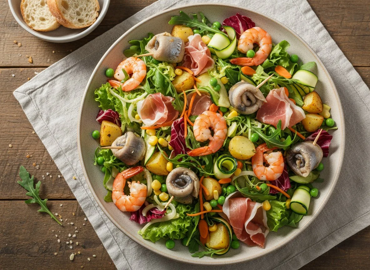 Gemischter Salat mit Meeresfrüchten und Schinken photo