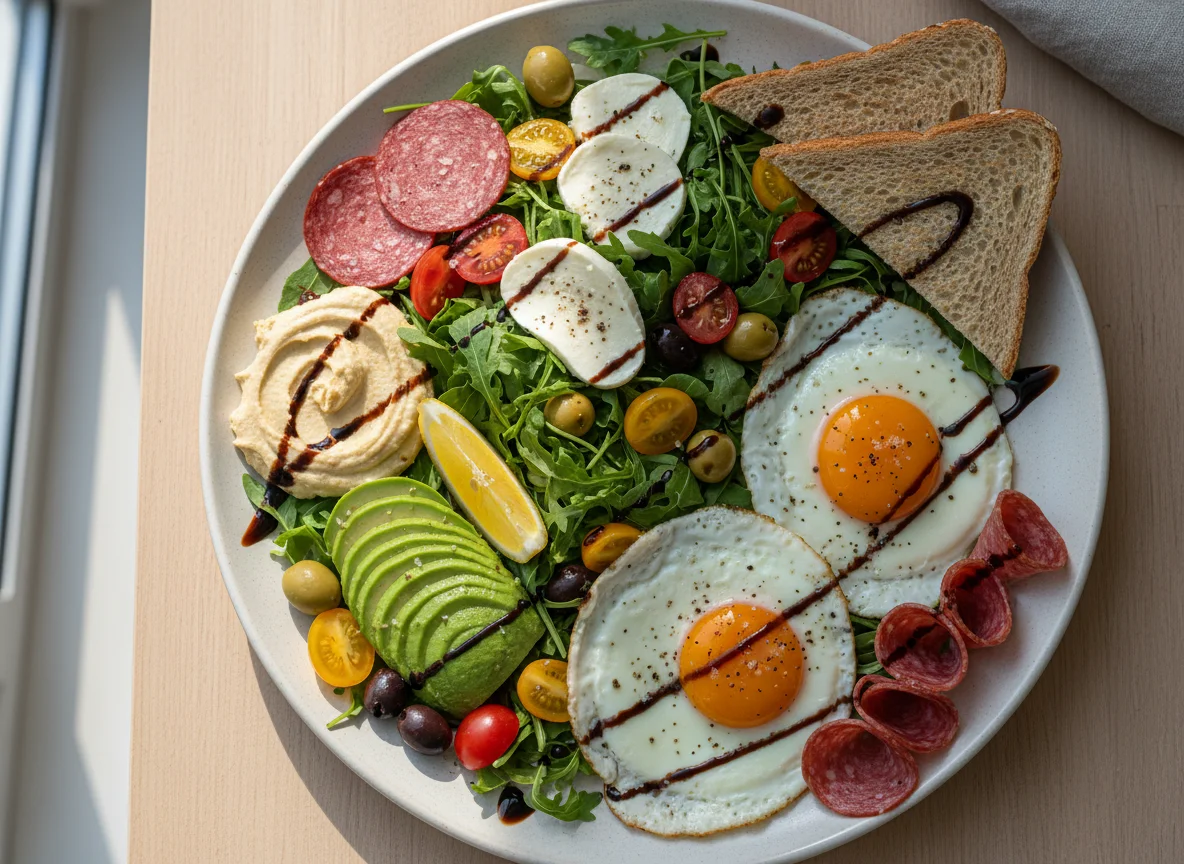 Gemischter Salat mit Mozzarella, Avocado, Spiegelei und Wurst photo