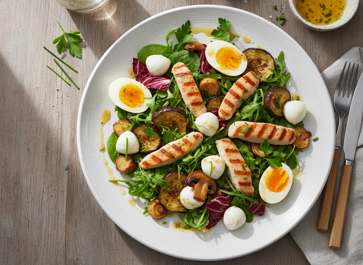 Gemischter Salat mit Mozzarella, Ei und Auberginen photo