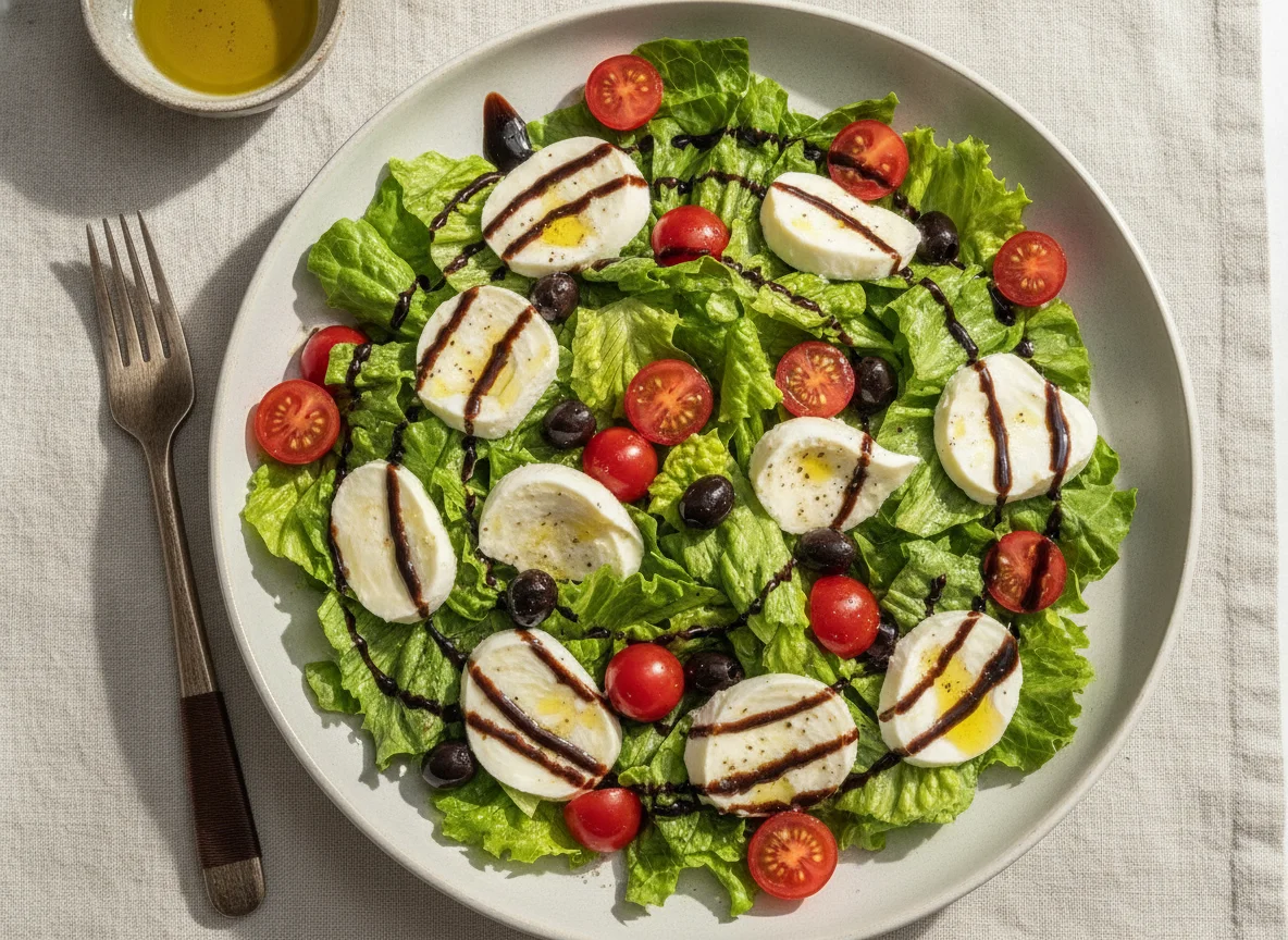 Gemischter Salat mit Mozzarella und Balsamico-Creme photo