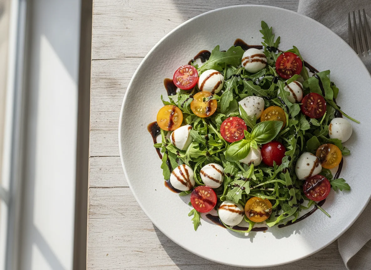Gemischter Salat mit Mozzarella und Balsamico-Dressing photo