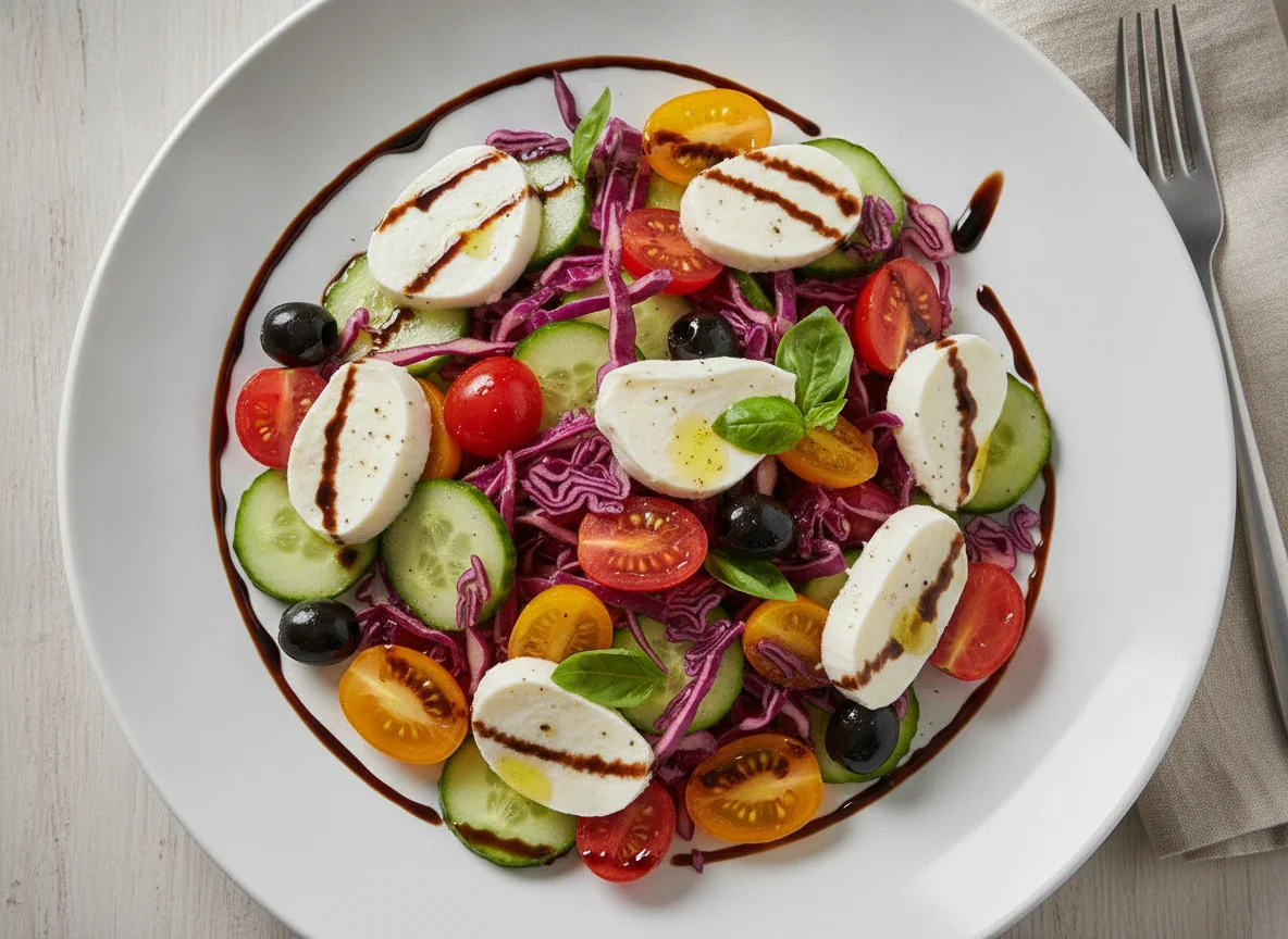 Gemischter Salat mit Mozzarella und Balsamico-Glace photo