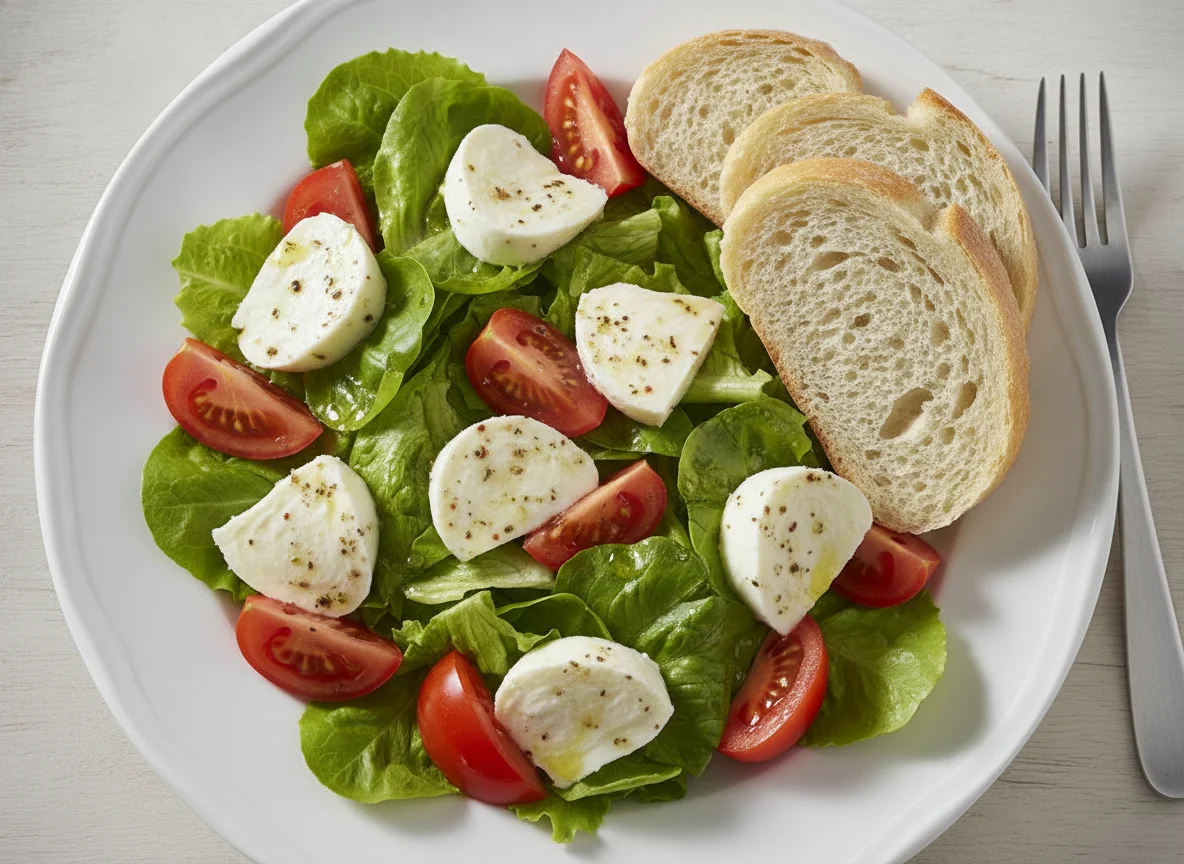 Gemischter Salat mit Mozzarella und Brot photo