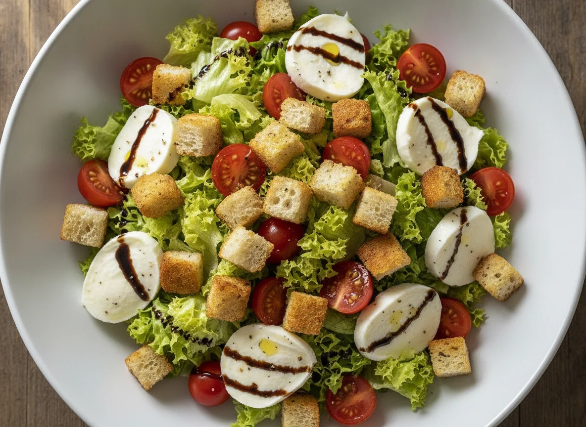 Gemischter Salat mit Mozzarella und Croutons photo