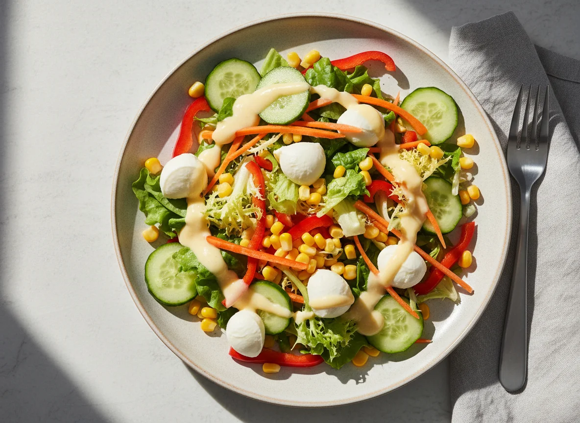 Gemischter Salat mit Mozzarella und Dessert-Dressing photo