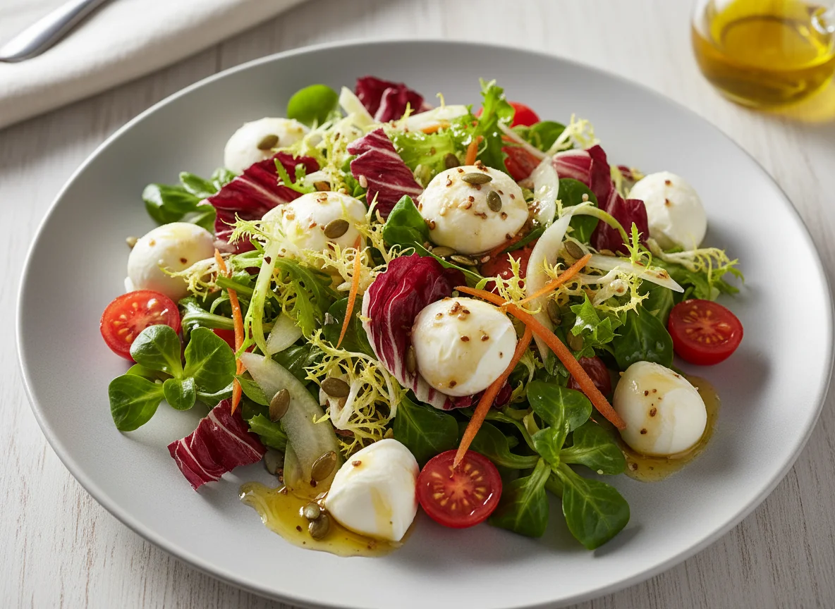 Gemischter Salat mit Mozzarella und Dressing photo