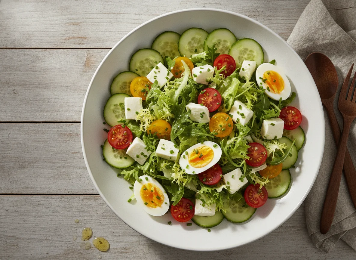Gemischter Salat mit Mozzarella und Ei photo