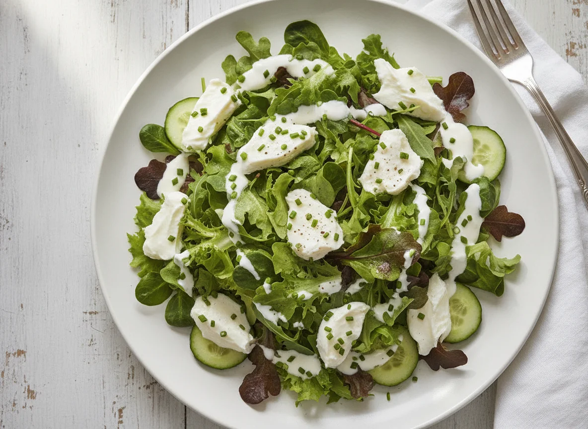 Gemischter Salat mit Mozzarella und Joghurt-Dressing photo