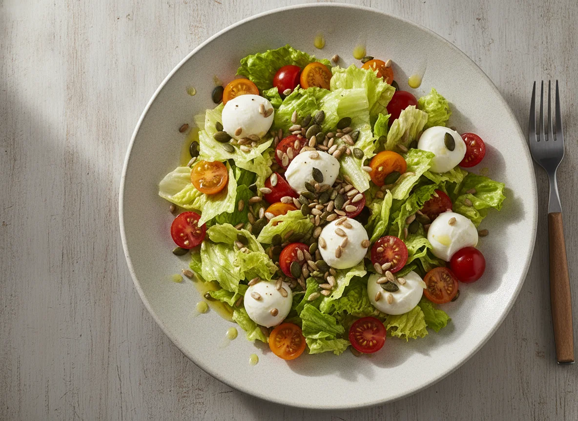 Gemischter Salat mit Mozzarella und Kernen photo