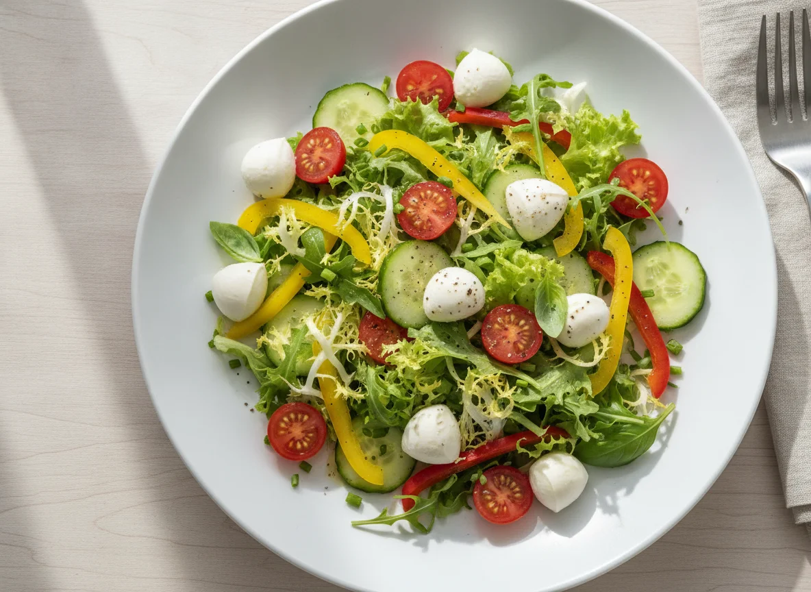 Gemischter Salat mit Mozzarella-Bällchen photo