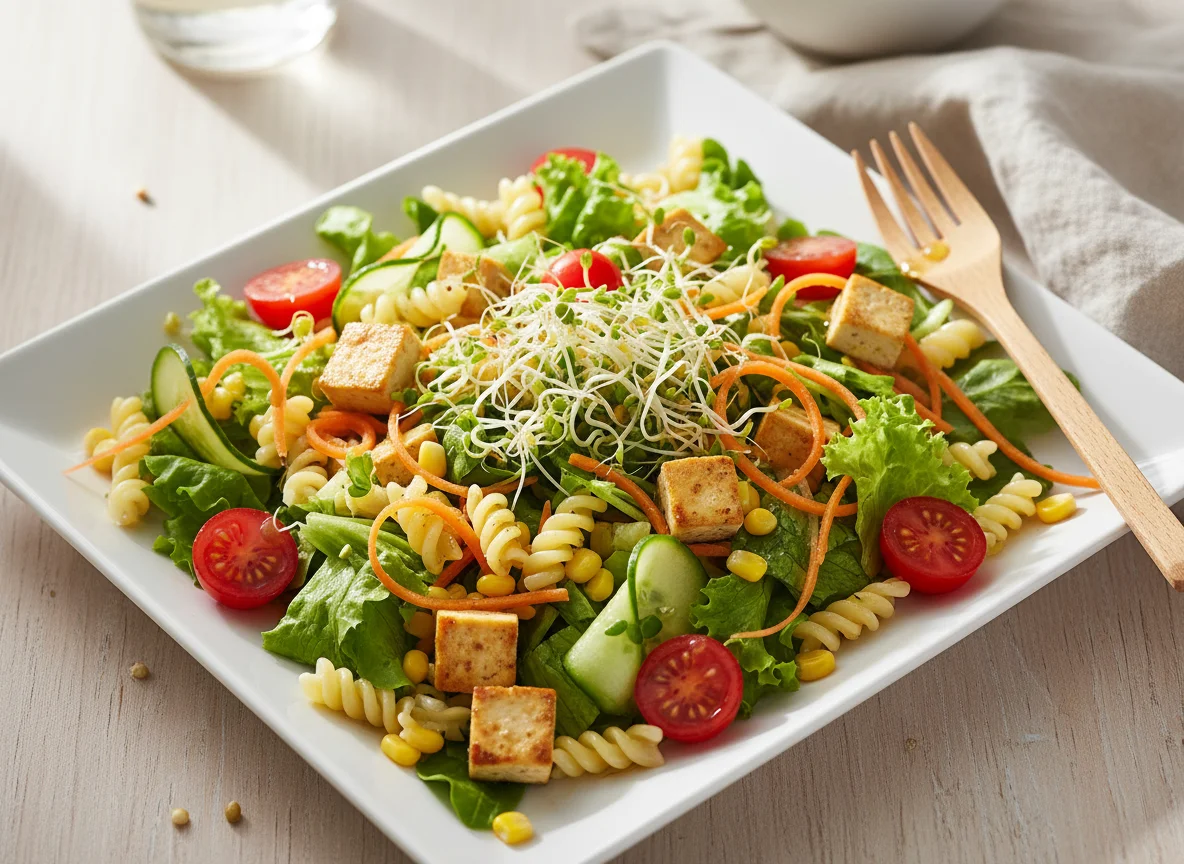 Gemischter Salat mit Nudeln und Tofu photo