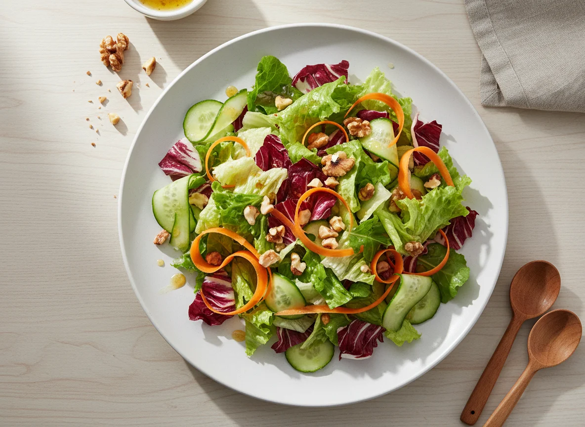 Gemischter Salat mit Nüssen und Dressing photo