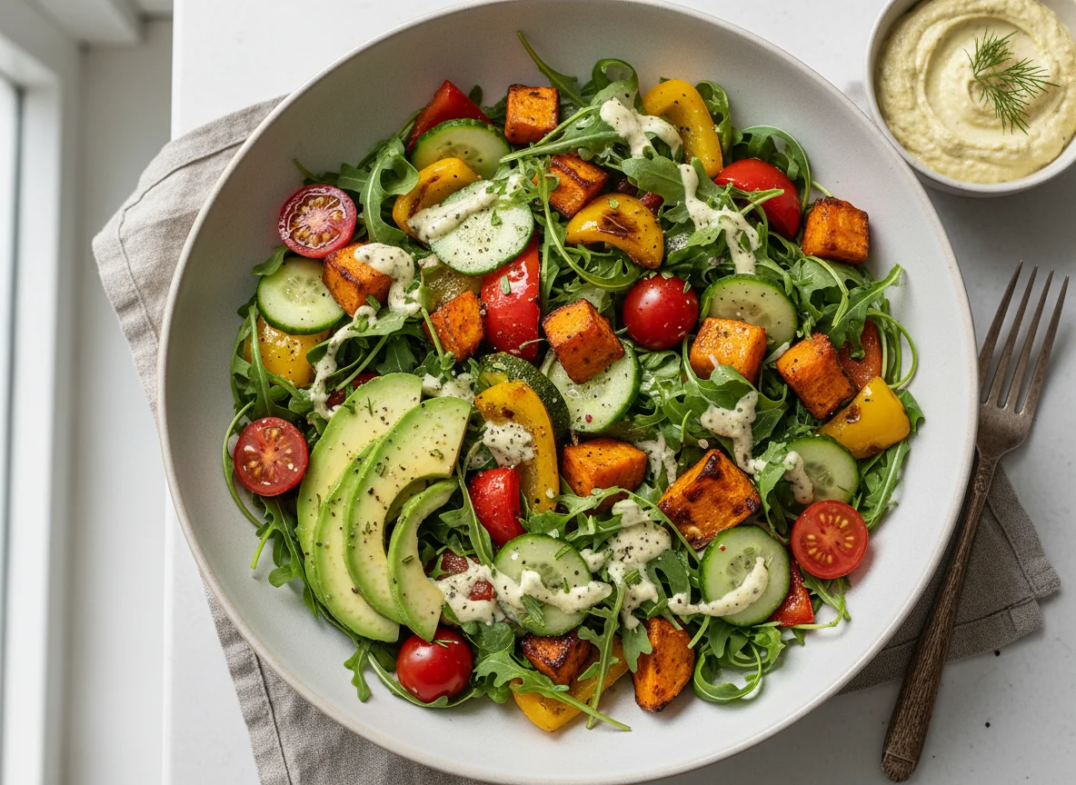 Gemischter Salat mit Ofengemüse, Avocado und Quark-Dip photo