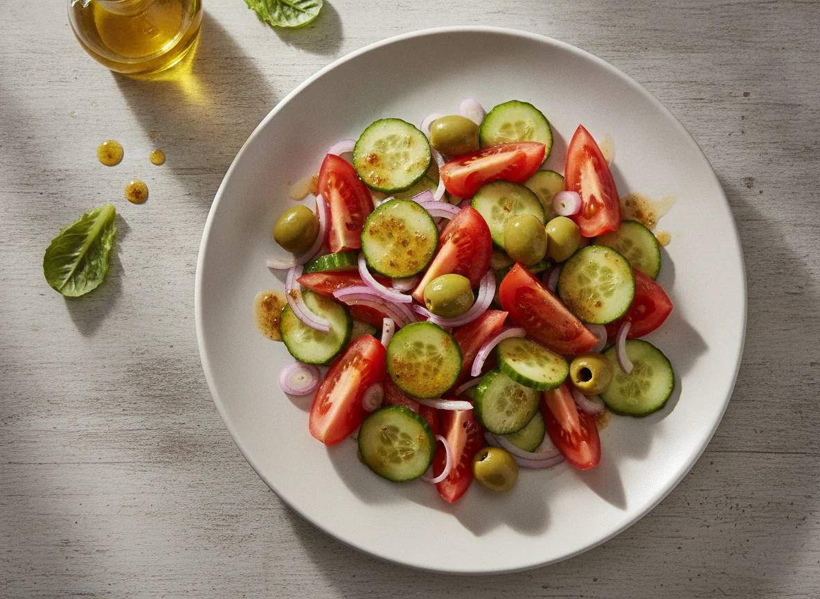 Gemischter Salat mit Oliven und Dressing photo
