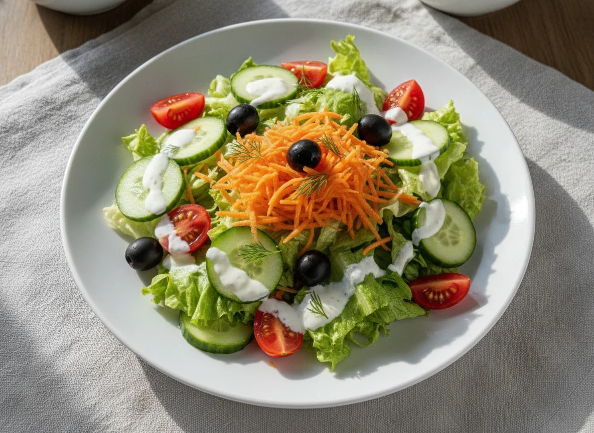 Gemischter Salat mit Oliven und Joghurt-Dressing photo