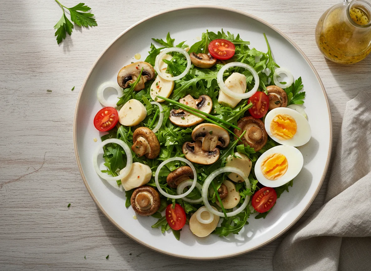 Gemischter Salat mit Palmherzen und Pilzen photo