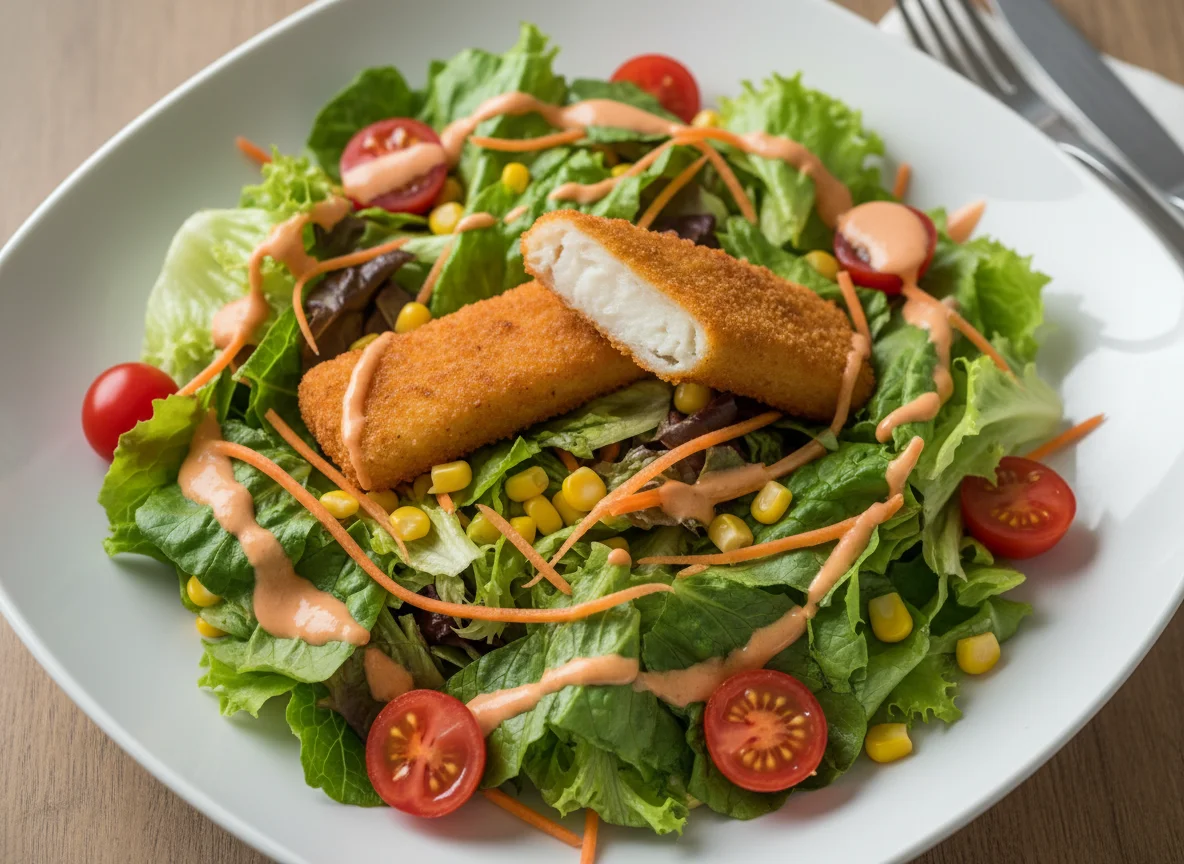 Gemischter Salat mit paniertem Fischstäbchen photo