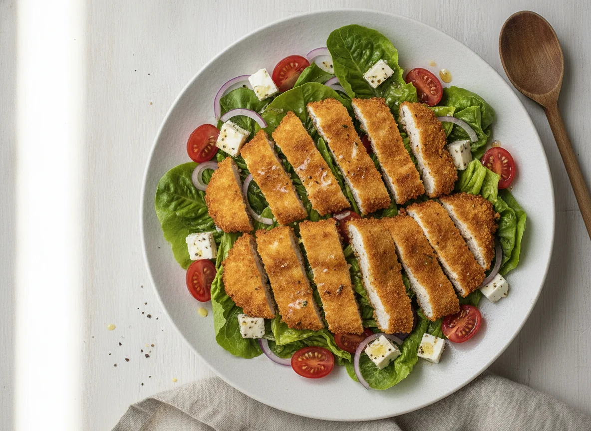 Gemischter Salat mit paniertem Hähnchen und Feta photo