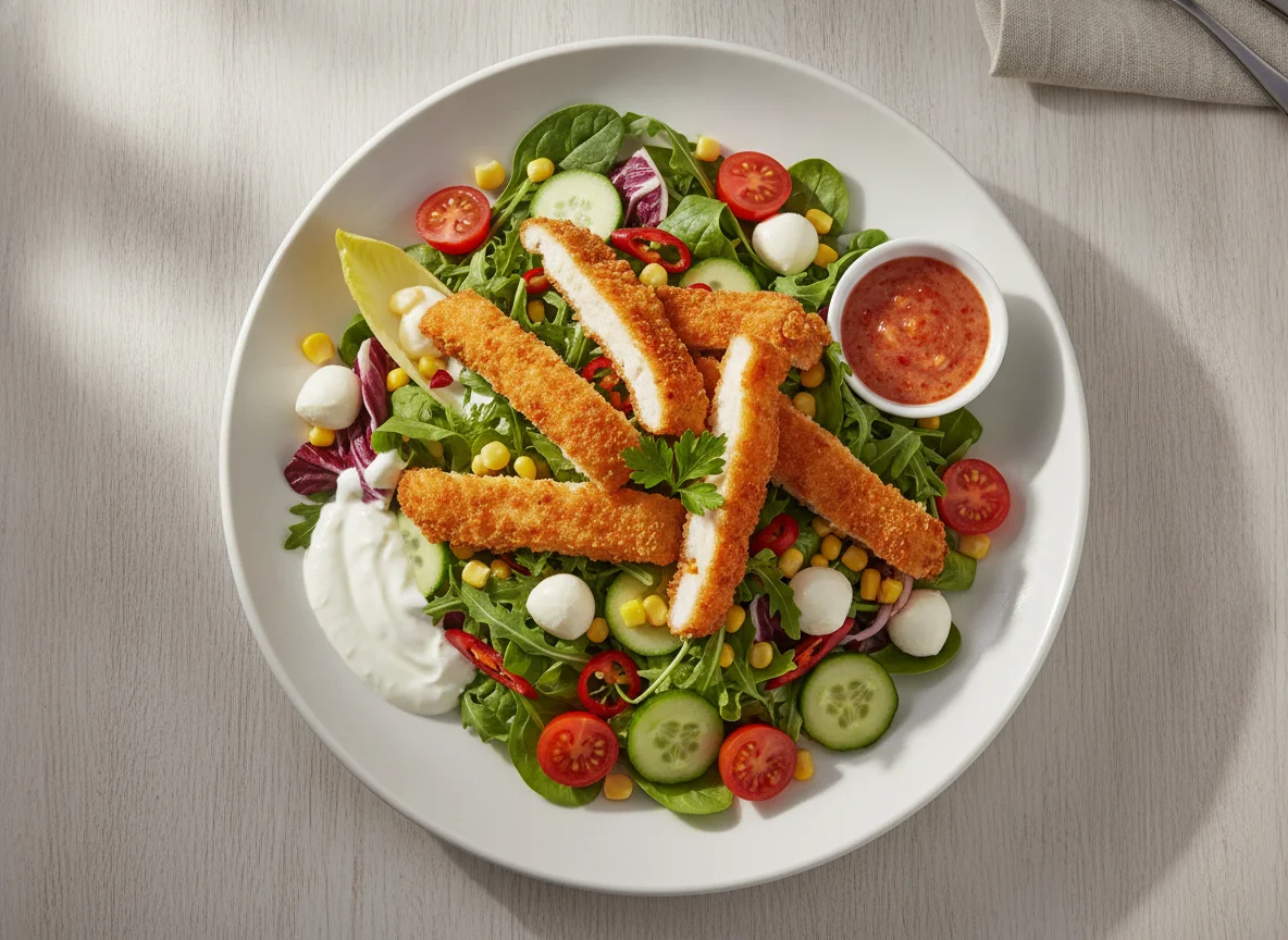 Gemischter Salat mit panierten Hähnchenstreifen photo