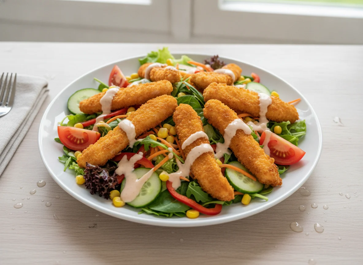 Gemischter Salat mit panierten Hähnchenstreifen und Dressing photo